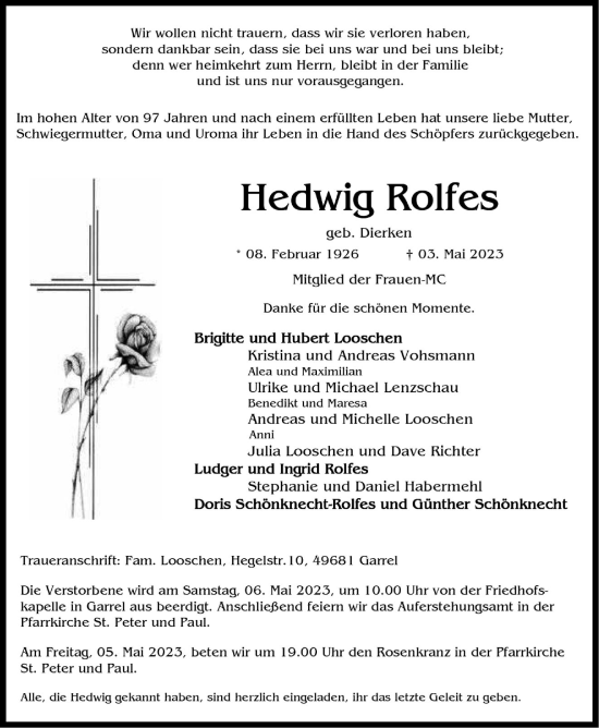 Anzeige von Hedwig Rolfes von OM-Medien