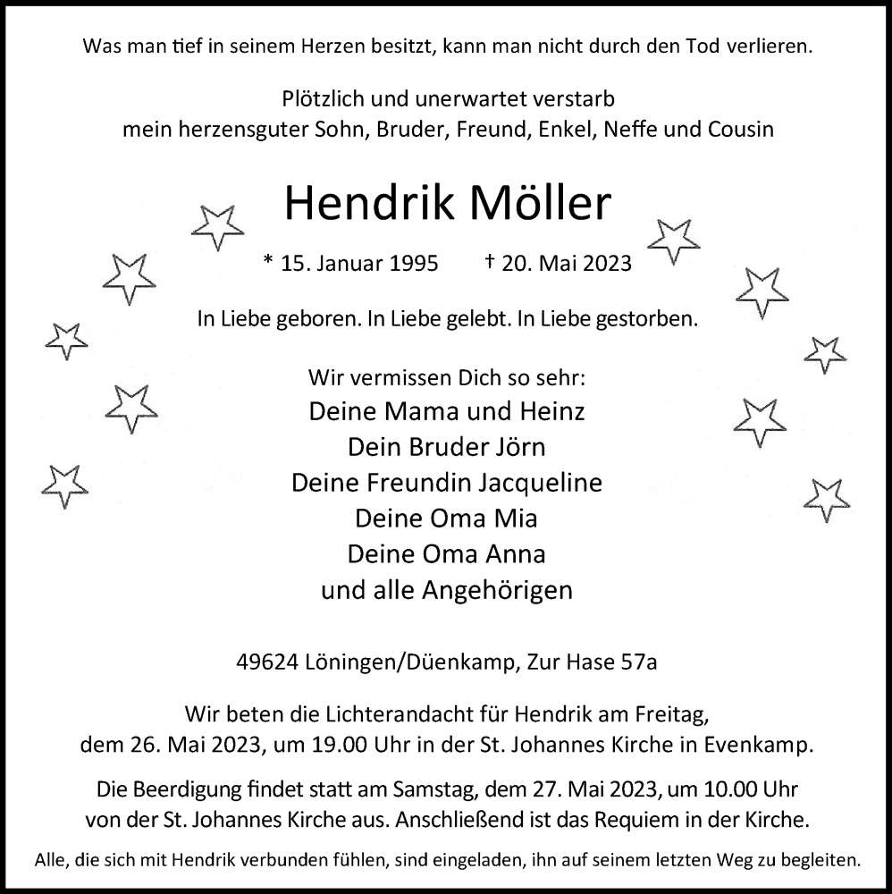  Traueranzeige für Hendrik Möller vom 24.05.2023 aus OM-Medien