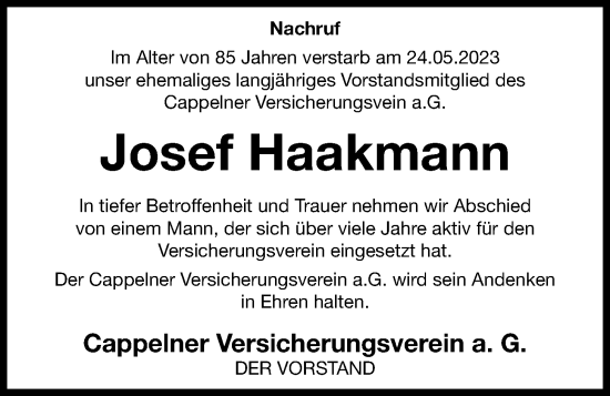 Anzeige von Josef Haakmann von OM-Medien