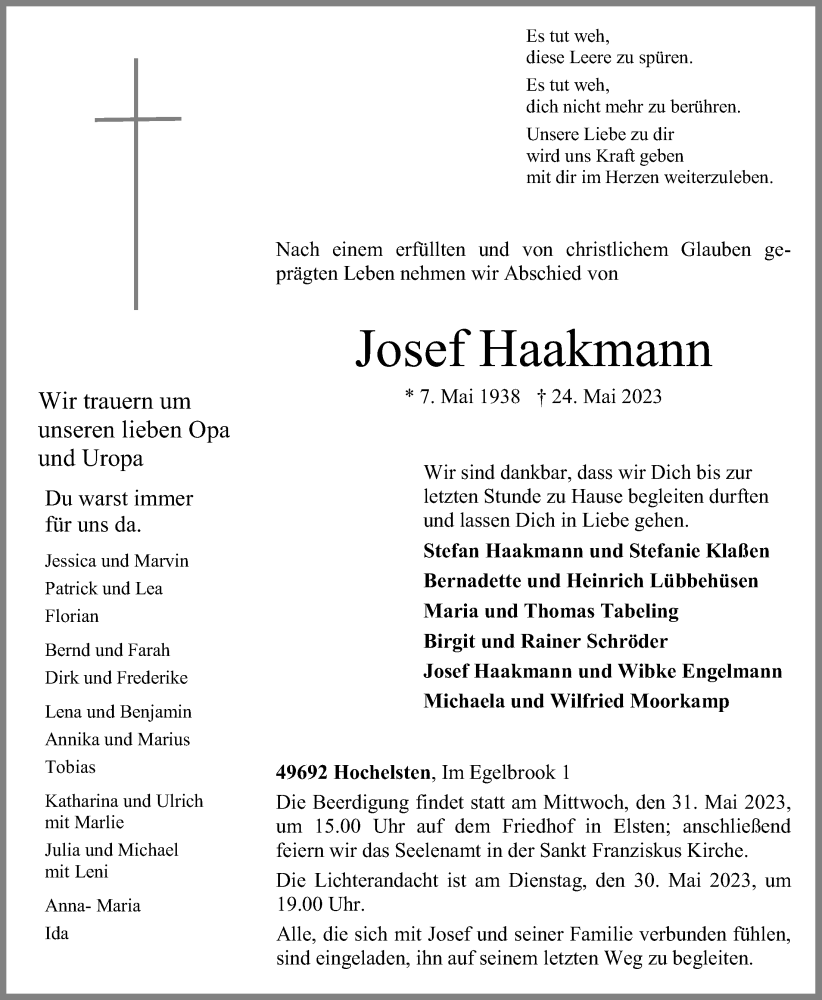  Traueranzeige für Josef Haakmann vom 26.05.2023 aus OM-Medien