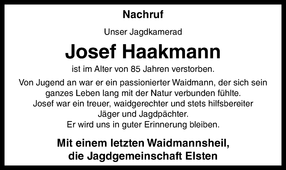  Traueranzeige für Josef Haakmann vom 29.05.2023 aus OM-Medien