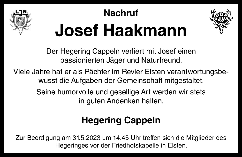  Traueranzeige für Josef Haakmann vom 31.05.2023 aus OM-Medien