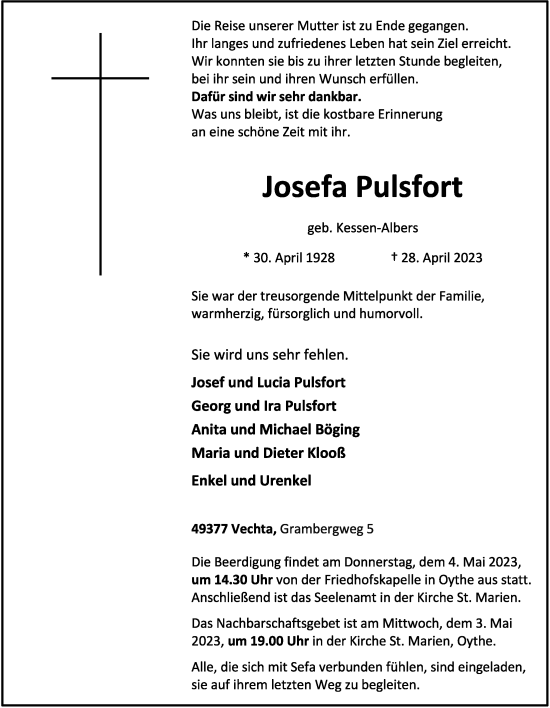 Anzeige von Josefa Pulsfort von OM-Medien