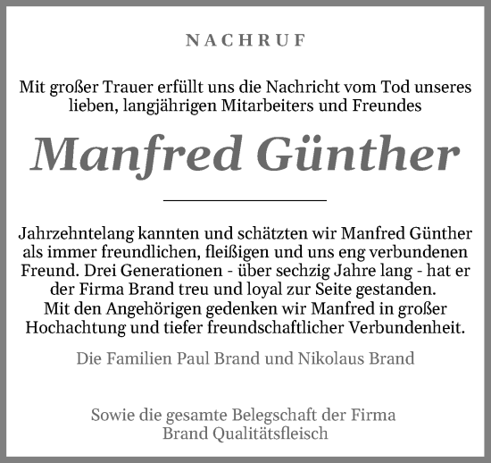 Anzeige von Manfred Günther von OM-Medien