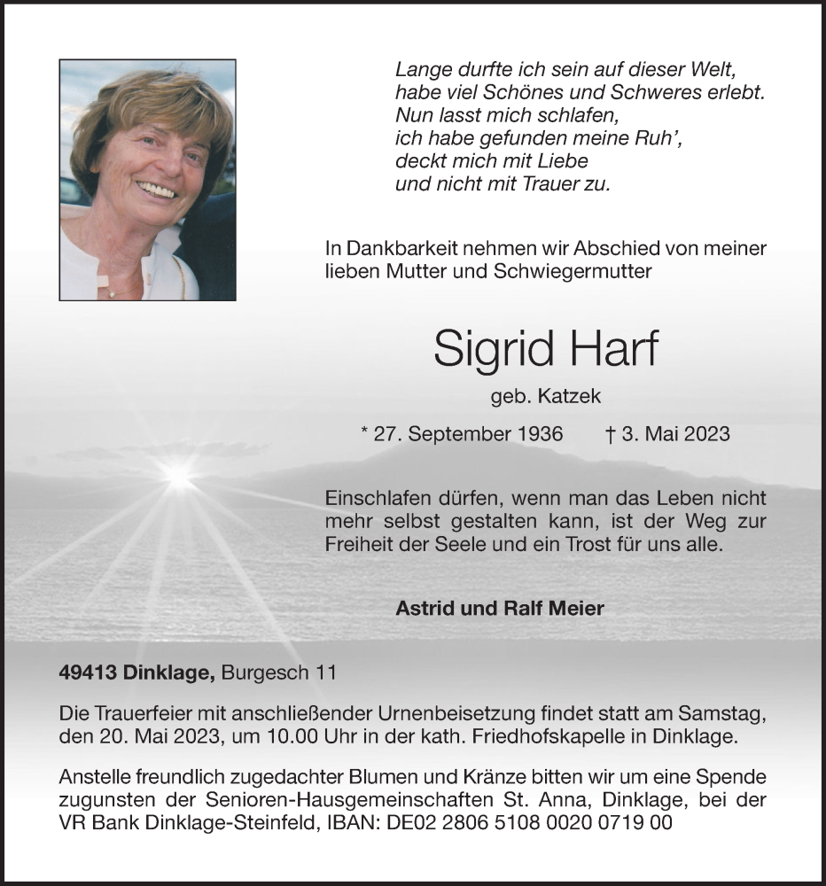  Traueranzeige für Sigrid Harf vom 13.05.2023 aus OM-Medien