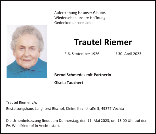 Anzeige von Trautel Riemer von OM-Medien