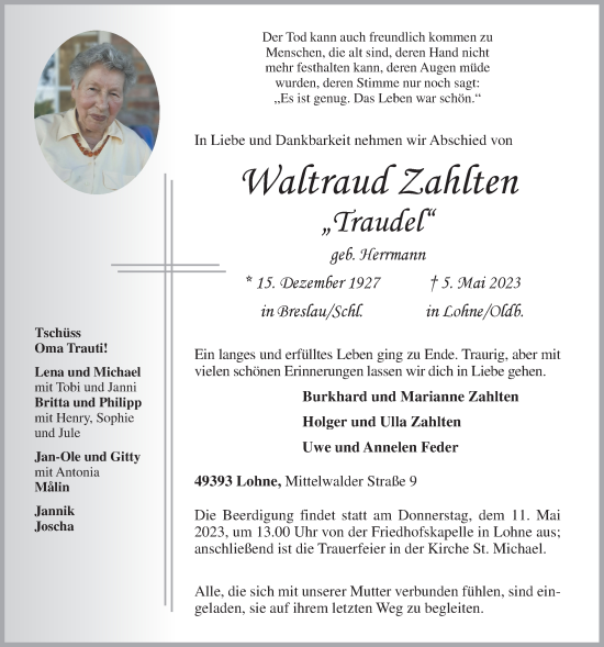 Anzeige von Waltraud Zahlten von OM-Medien