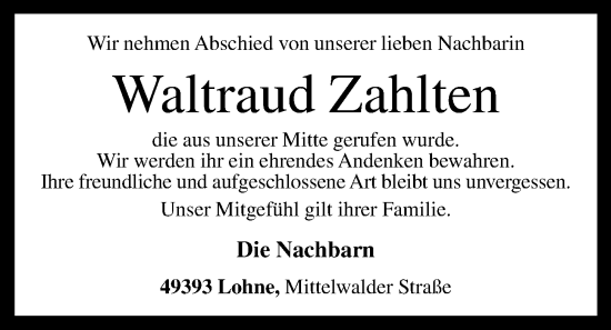 Anzeige von Waltraud Zahlten von OM-Medien