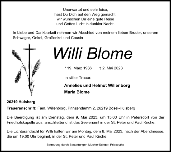 Anzeige von Willi Blome von OM-Medien