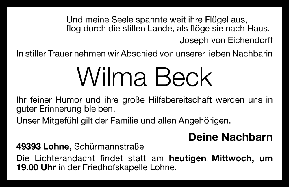  Traueranzeige für Wilma Beck vom 31.05.2023 aus OM-Medien