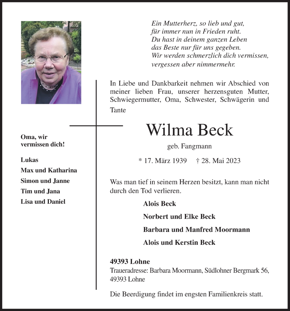  Traueranzeige für Wilma Beck vom 30.05.2023 aus OM-Medien