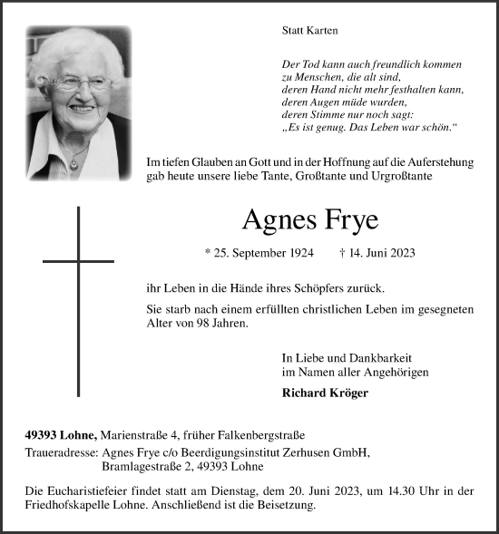 Anzeige von Agnes Frye von OM-Medien