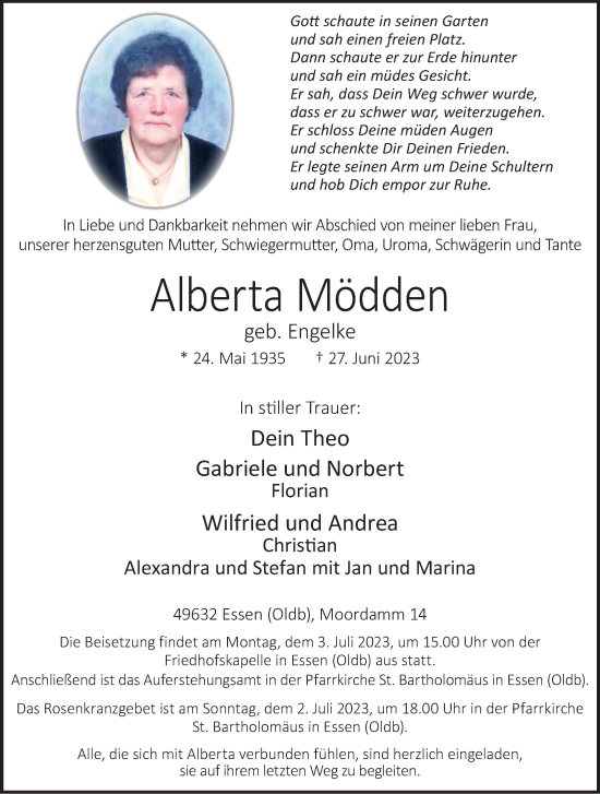 Anzeige von Alberta Mödden von OM-Medien