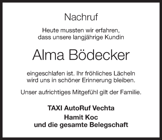 Anzeige von Alma Bödecker von OM-Medien