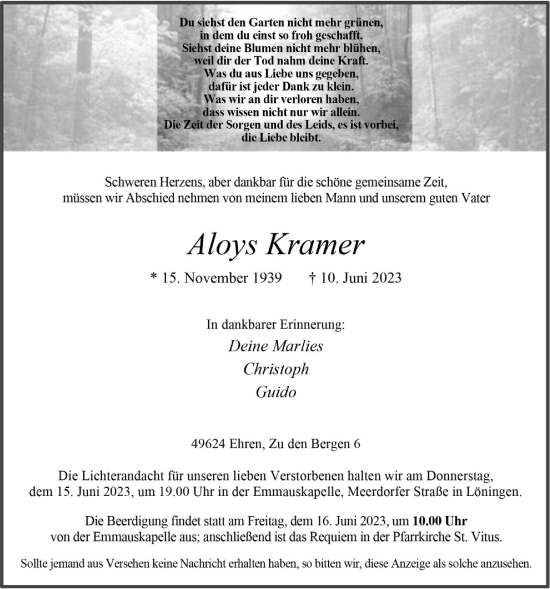 Anzeige von Aloys Kramer von OM-Medien
