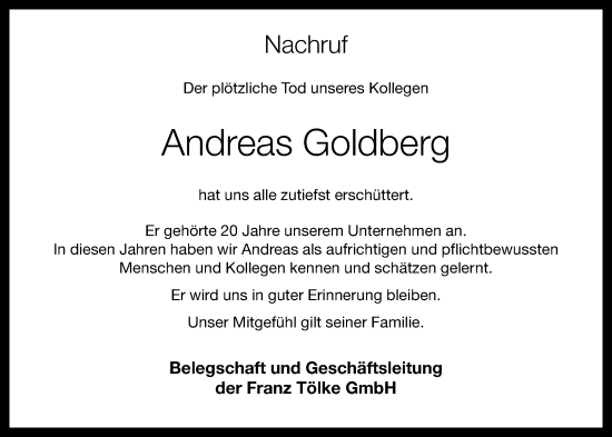 Anzeige von Andreas Goldberg von OM-Medien