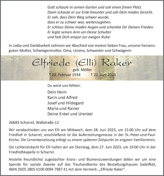 Anzeige von Elfriede Raker von OM-Medien