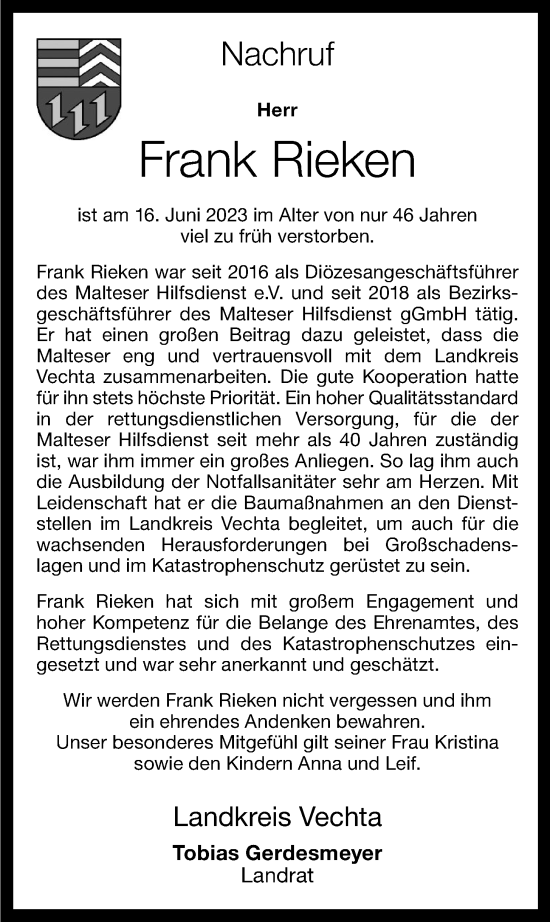 Anzeige von Frank Rieken von OM-Medien