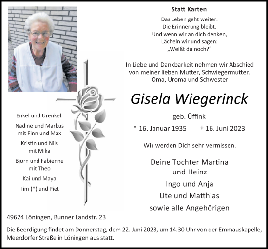 Anzeige von Gisela Wiegerinck von OM-Medien