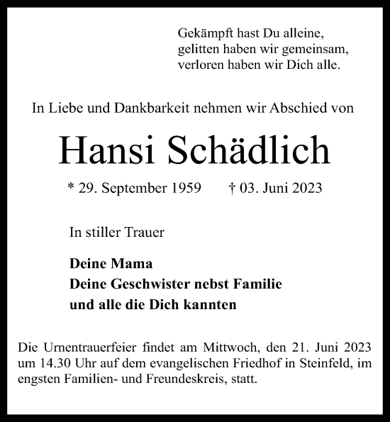 Anzeige von Hansi Schädlich von OM-Medien