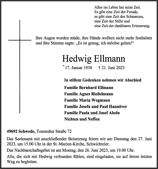 Anzeige von Hedwig Ellmann von OM-Medien