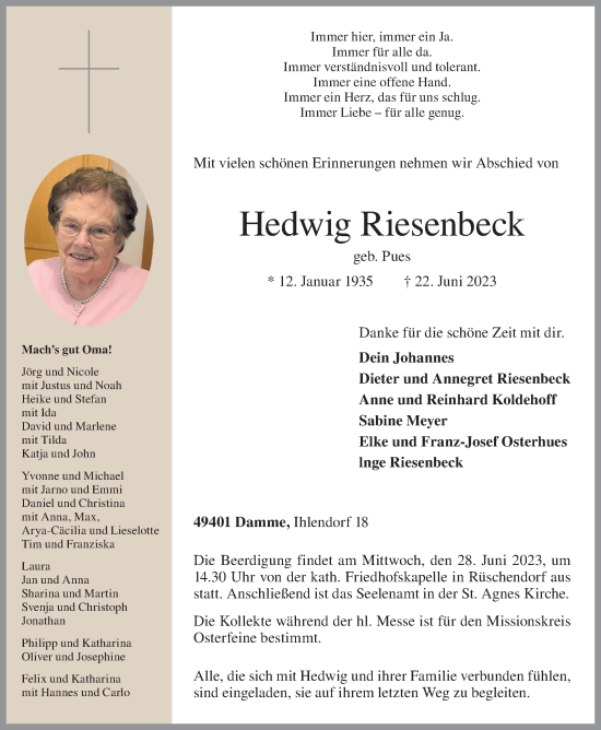 Anzeige von Hedwig Riesenbeck von OM-Medien