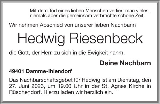 Anzeige von Hedwig Riesenbeck von OM-Medien