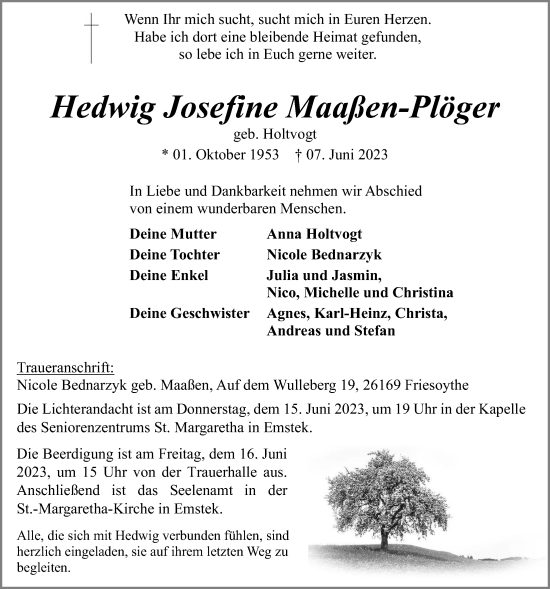 Anzeige von Hedwig Josefine Maaßen-Plöger von OM-Medien