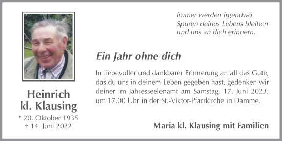 Anzeige von Heinrich kl. Klausing von OM-Medien