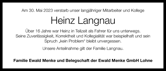 Anzeige von Heinz Langnau von OM-Medien