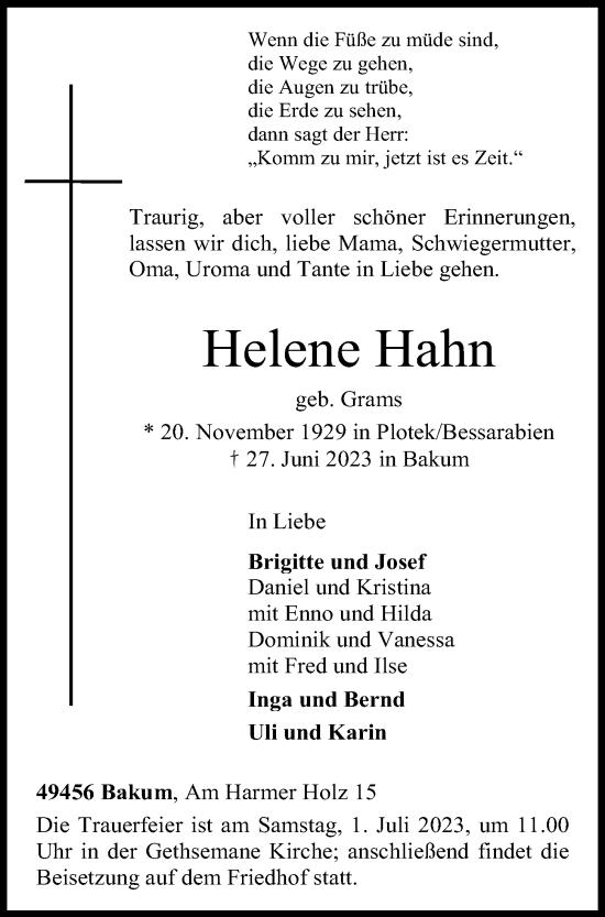 Anzeige von Helene Hahn von OM-Medien
