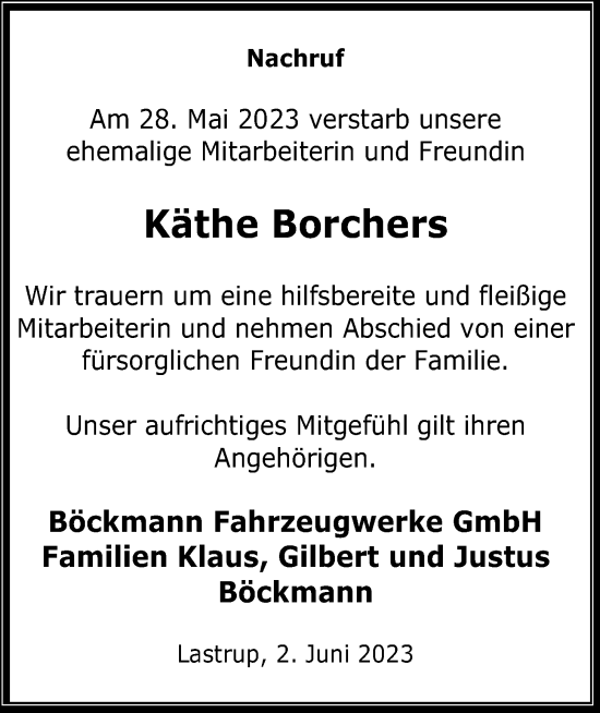 Anzeige von Käthe Borchers von OM-Medien