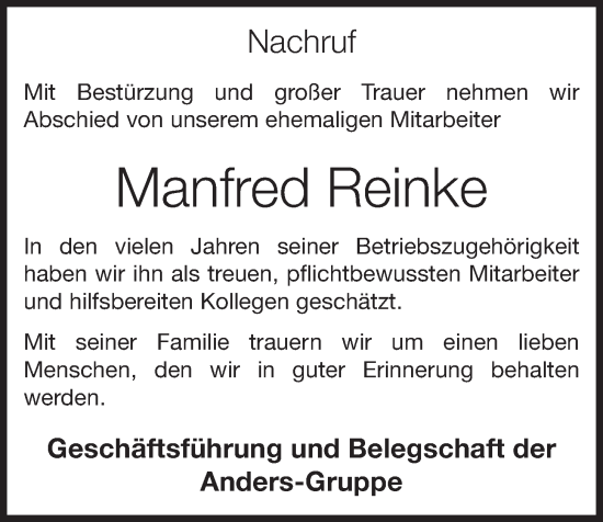 Anzeige von Manfred Reinke von OM-Medien