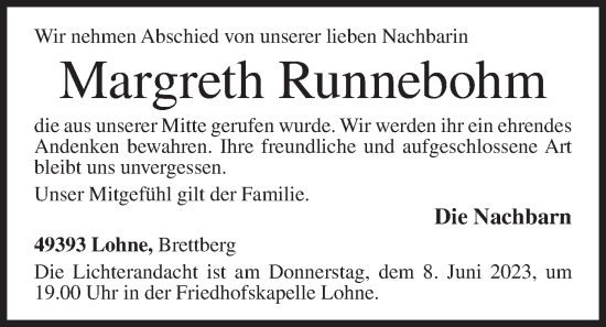 Anzeige von Margreth Runnebohm von OM-Medien