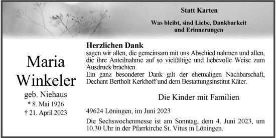 Anzeige von Maria Winkeler von OM-Medien