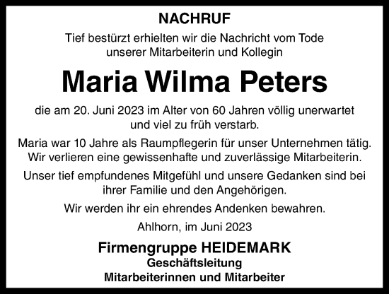 Anzeige von Maria Wilma Peters von OM-Medien