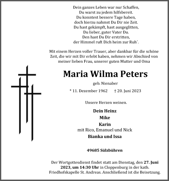 Anzeige von Maria Wilma Peters von OM-Medien