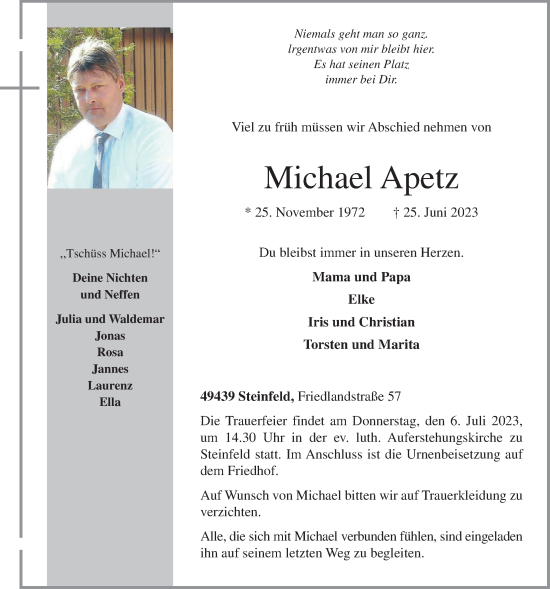 Anzeige von Michael Apetz von OM-Medien