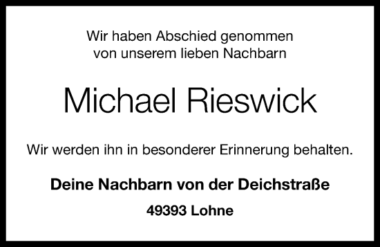 Anzeige von Michael Rieswick von OM-Medien