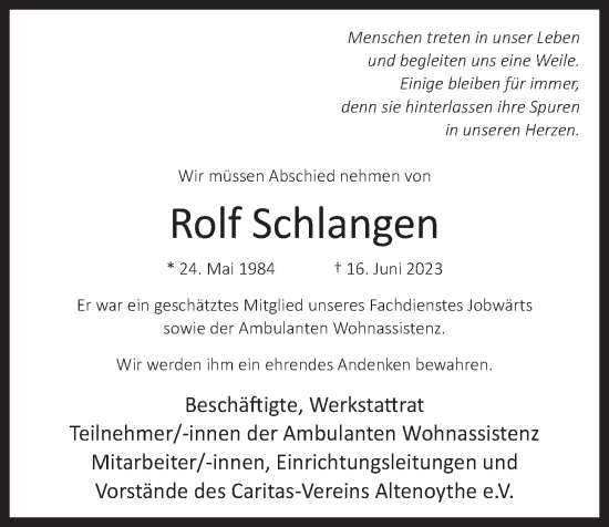 Anzeige von Rolf Schlangen von OM-Medien