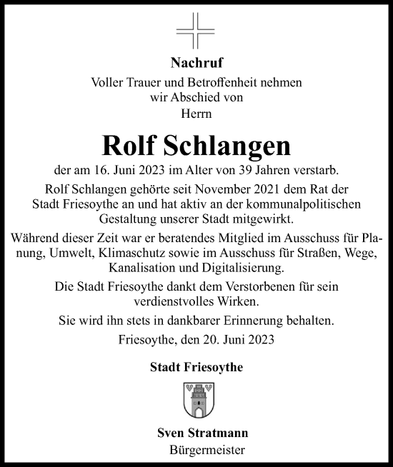 Anzeige von Rolf Schlangen von OM-Medien