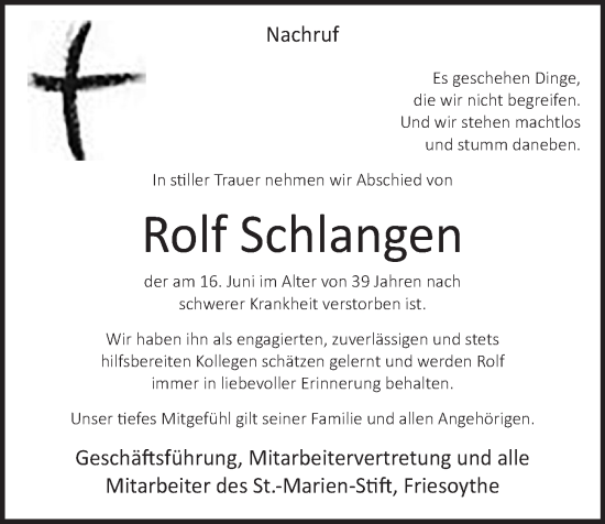 Anzeige von Rolf Schlangen von OM-Medien