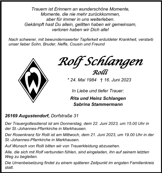 Anzeige von Rolf Schlangen von OM-Medien