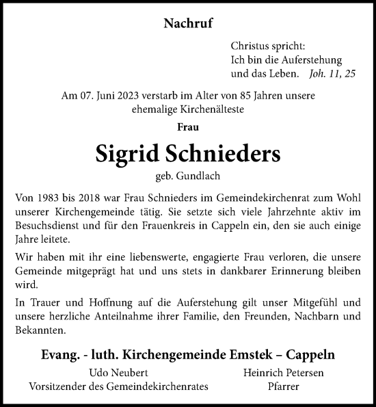 Anzeige von Sigrid Schnieders von OM-Medien