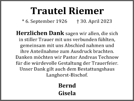 Anzeige von Trautel Riemer von OM-Medien