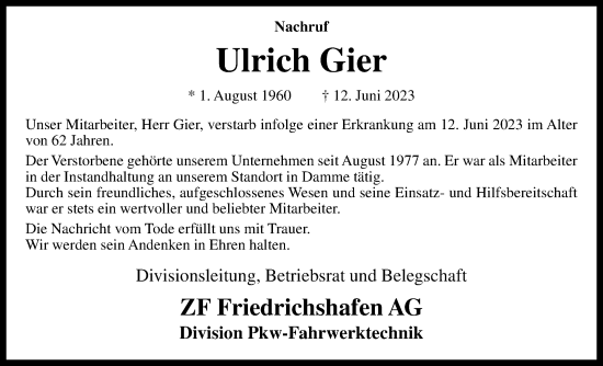 Anzeige von Ulrich Gier von OM-Medien