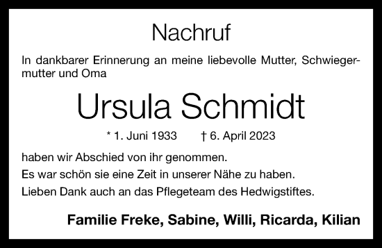 Anzeige von Ursula Schmidt von OM-Medien
