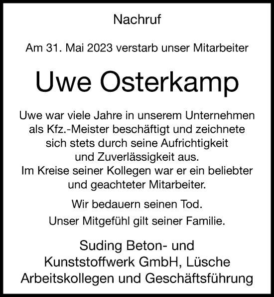 Anzeige von Uwe Osterkamp von OM-Medien