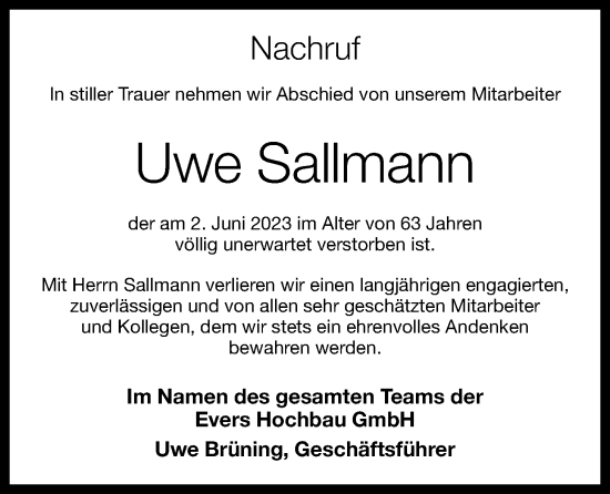 Anzeige von Uwe Sallmann von OM-Medien