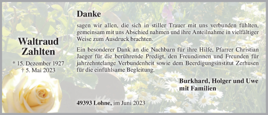 Anzeige von Waltraud Zahlten von OM-Medien